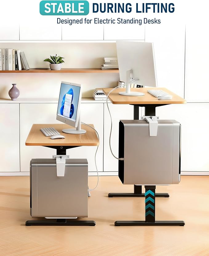 TOPSKY Adjustable Under-Desk PC Mount, No-Drill Computer CPU Holder for Standing Desks, Supports up to 50 lbs, Easy Installation, Compatible with Most Standing Desks（White）
