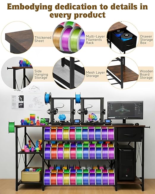 3D Printer Stand with Charging Station, Large 3D Printer Table with Filament Storage, Heavy Duty 3-Tier Filament Storage Rack with Drawer, 3D Printer Desk for Workshop, Office and Garage (Brown)