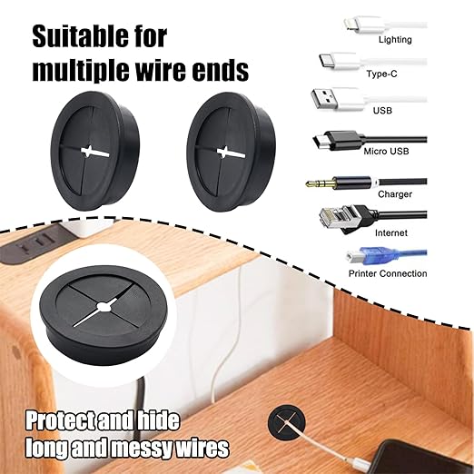 6 Pcs 45mm / 1-3/4 Inch Black Cable Cord Grommets, Rubber Desk Grommets for Table Computer Desk Wire Organizer TV Console and Other Furnitures Cover