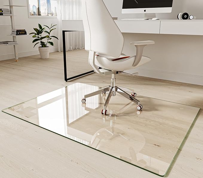 Koonmi Tempered Glass Chair Mat 36"x50" - Premium Office Chair Mat for Hardwood Floors & Low-Pile Carpet with 4 Non-Slip Pads - Thick Scratch-Resistant Surface