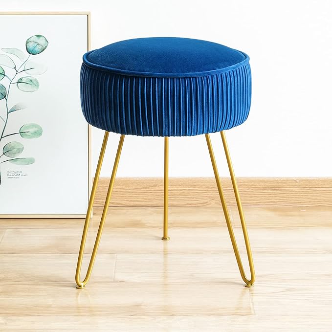 LUE BONA Pleated Vanity Stool, Velvet Upholstered Vanity Stool for Makeup Room, Ottoman Footrest with Metal Legs for Living Room, Bedroom, RoyalBlue