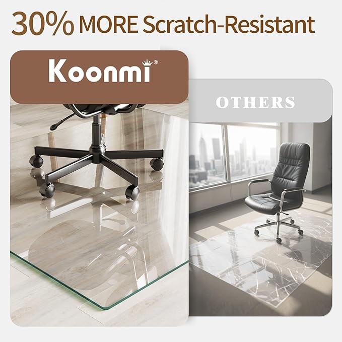 Koonmi Tempered Glass Chair Mat 42"x48" - Premium Office Chair Mat for Hardwood Floors & Low-Pile Carpet with 4 Non-Slip Pads - Thick Scratch-Resistant Surface