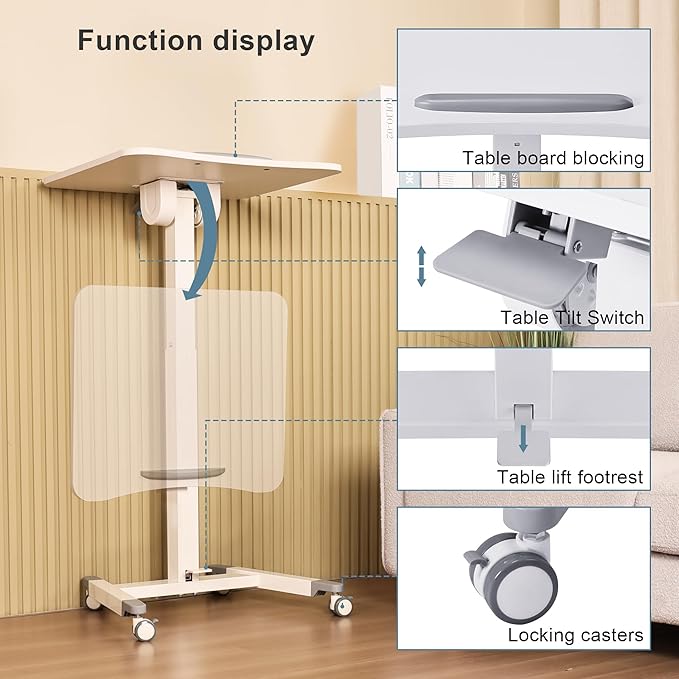 Fromann Mobile Standing Podium Desk Laptop Sit to Stand Height Adjustable Workstation with Wheels,Gas Spring Lift Mechanism Desk (White)