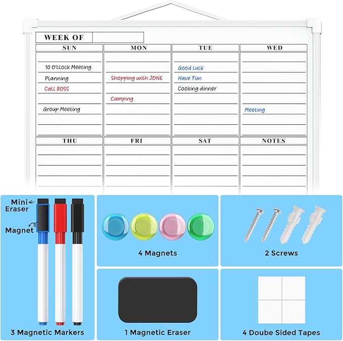 MaxGear Small Weekly Calendar Dry Erase Board for Wall, 16"x12" Hanging Double-Sided White Board, Portable Whiteboard for Planning, Drawing, Memo, to Do List, School, Home, Kitchen, Office