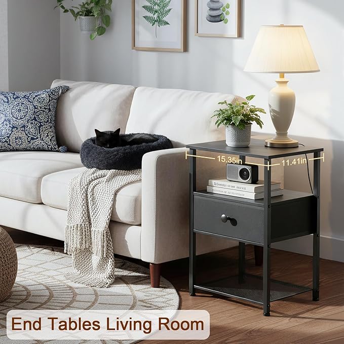 LOAKEKEL Night Stand Set 2, Nightstand with Charging Station, End Tables Living Room with Fabric Drawer for Small Spaces, Bed Side Tables with Storage Shelf for Bedroom, Black, HETS010BK