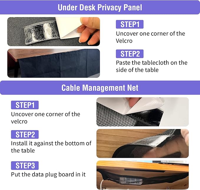 14.9 x 60 Inch Under Desk Privacy Panel with Cable Management Net Desk Skirt Modesty Desk Panel Self-Gripping Straps for Office and Home