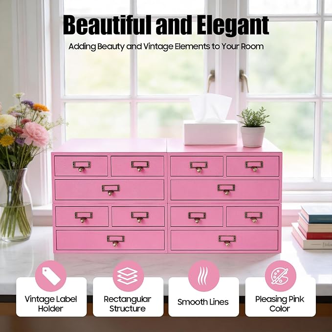 4 Packs Vintage Desktop Apothecary Cabinet with 3 Drawers, Vintage Desktop Organizer Wood Desktops Organizers Stackable Drawers Chest Drawer for Herb Storage Tea Collection Stationery (Pink)