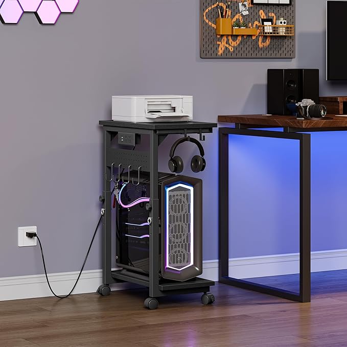 CHOEZON Computer Tower Stand, Height Adjustable PC Holder on Wheels, Computer Stand with Power Outlet, Under-Desk PC Cart with 6 Hooks, Movable Side Table, for Living Room, Office, Black TCJ50UBB