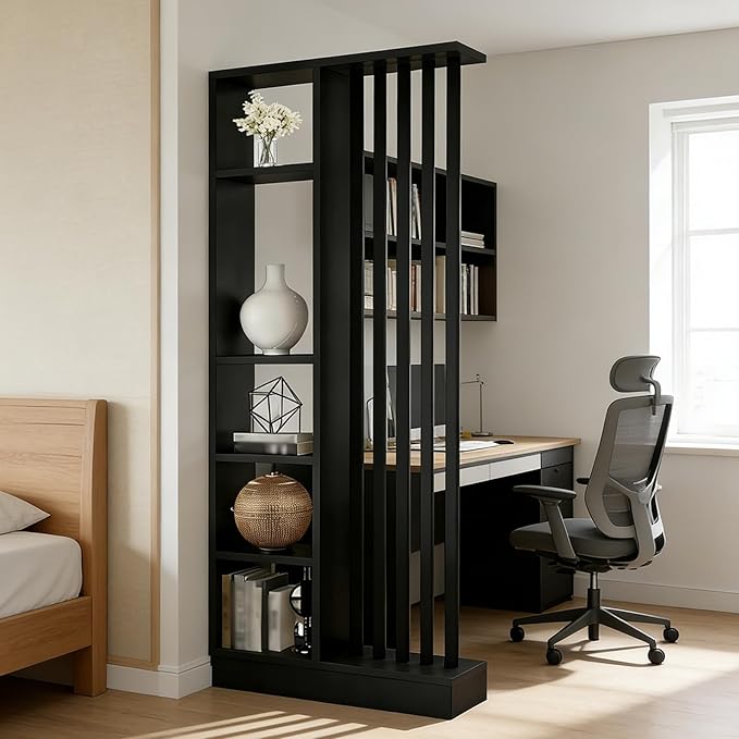 Room Divider with Shelves, Entrance Hall Partition Screen Column Floor to Ceiling - Freestanding Room Divider with Storage Shelf, Freestanding Decor for Bedroom (A Black + Black, 31.5in / 80cm)