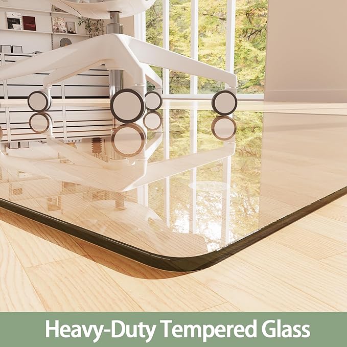 Tempered Glass Chair Mat 55"x46" – Ultra-Clear Office Chair Mat for Hardwood Floors & Low-Pile Carpets – Heavy-Duty 0.2" Scratch-Resistant Surface with Non-Slip Pads – Supports 1,000 lbs