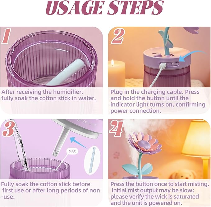 Cute Mini Humidifier 320mL Cool Mist Humidifie mute with 2 Mist Modes,for Home/Nursery/Office,Portable Mini Air Moisturizer,rechargeable mini humidifier(Sunflower Purple)