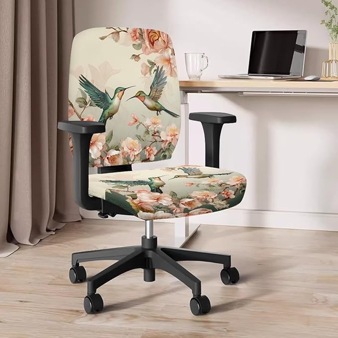 Hummingbird Flower Office Chair Covers Stretchable Computer Office Chair Seat Cover Removable Desk Accessories Floral Print Chair Slipcover Protector Universal Rotating Desk Chair Covers