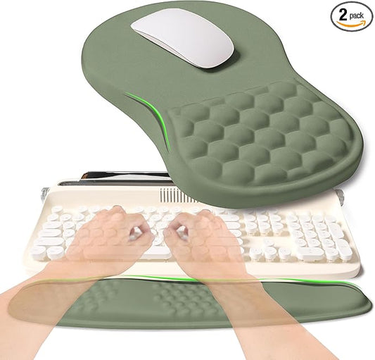 2-in-1 Ergonomic Set, Wave Rise Keyboard Wrist Rest and Massage Bulge Slope Mouse Pad Wrist Support, Cushion Memory Foam Integrated to Relieve Wrist Pain, Olive Green