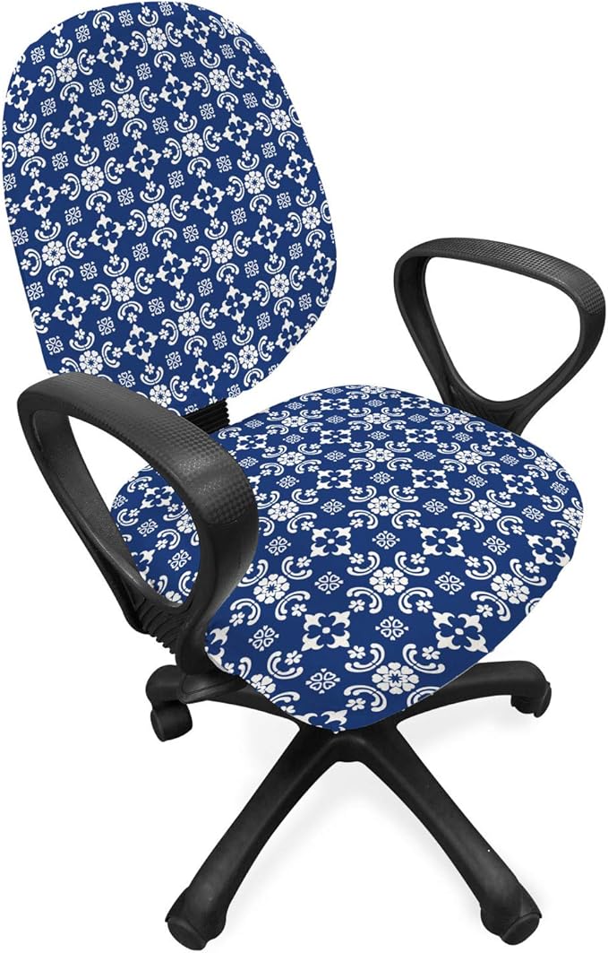 Ambesonne Folk Art Office Chair Slipcover, Talavera Tile Like Pattern Along Floral Ornaments and Abstract Forms, Protective Stretch Decorative Fabric Cover, Standard Size, Azure Blue