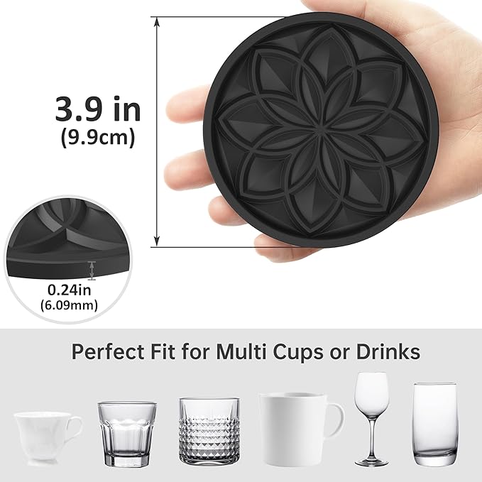 HFHOME Coasters for Drinks 4 Pcs Silicone Coasters Set, Drink Coaster for Coffee Table, Table Cup Mat Desk Coaster for Drinks, Bar Coasters for Home Decor Tabletop Protection Gift - Black