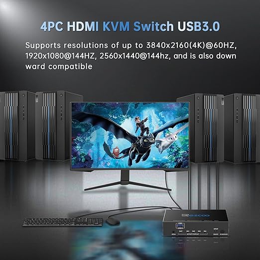 USB 3.0 KVM Switch HDMI 4 Computer 1 Monitor 4K 60Hz SPDIF L/R Extractor- USB Switch for Keyboard Mouse Printer Mac Windows 4 Port HDMI Switch 4x1 1080p 120Hz 144Hz HDCP Pass, IR Remote Ext. Mic