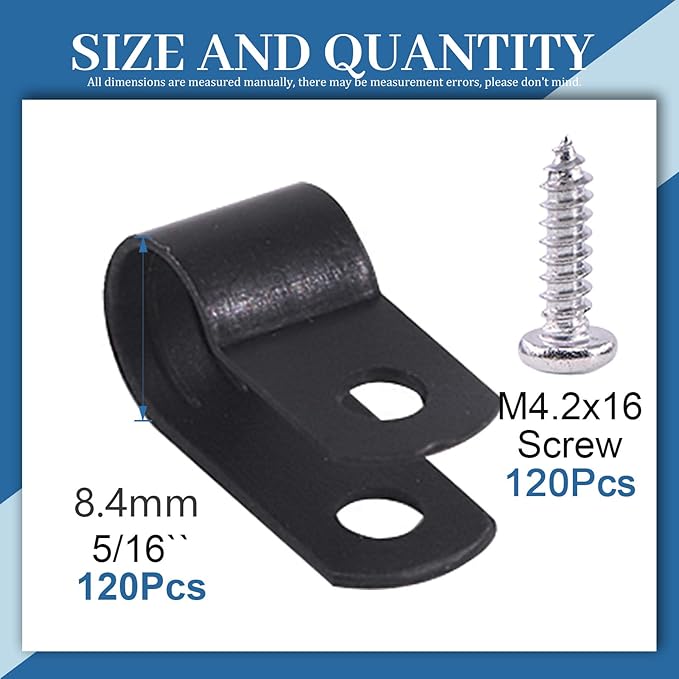 Glarks 120Pcs 5/16 Inch Black Nylon Screw Mounting R-Type Cable Clip Wire Clamp Kit with 120Pcs Screws for Wire, Conduit and Cable Conduit