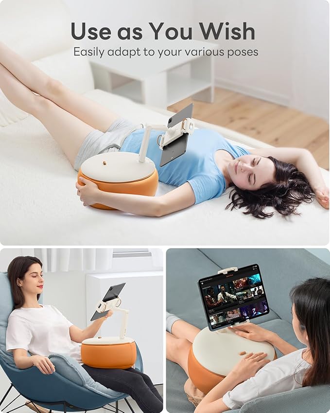 SAIJI Tablet Pillow Stand, Kindle Holder Compatible with 4.7-15.6” Kindle, Phone, Portable Monitor, 360° Adjustable Tablet Stand for Bed with Flexible Dual Axis Arm&Microbead Cushion (Orange)