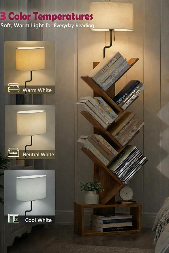 6 Tier Tree Bookshelf with Lights - Small Bookshelf Decor, Corner Bookshelf with Lamps, Living Room Storage, Tall Narrow DVD & CD Shelf, Comic Bookcases Standing for Bedroom or Office, Rustic Brown