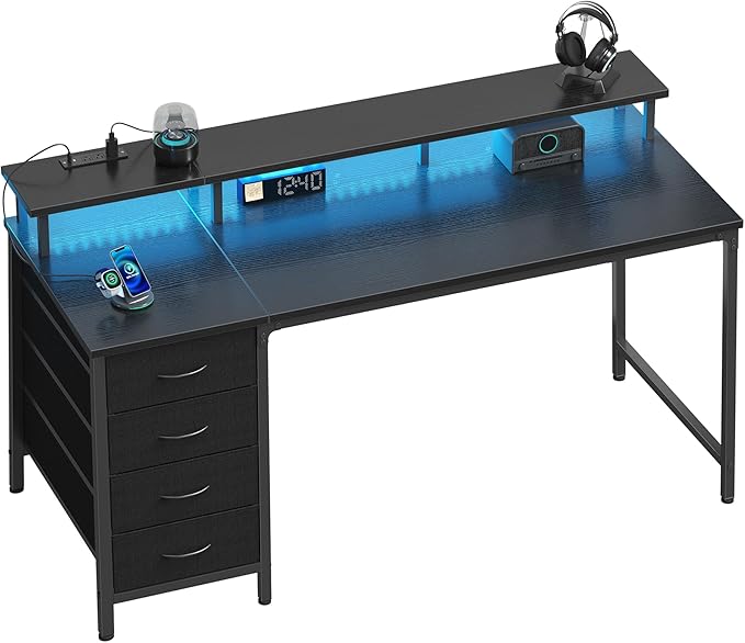 DUMOS Computer Desk with 4 Drawers,4 Drawer Gaming Desk with Power Outlets and LED Lights,Office Desk for Small Spaces with Monitor Shelf,Writing Desk for Home Office, Bedroom,Study 39 Inch Black