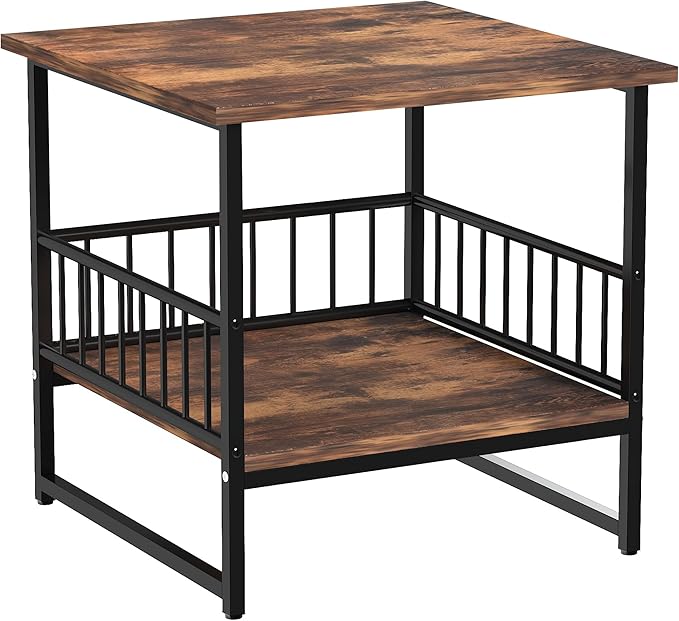 DHMAKER End Table, Industrial Side Table with 2-Tire Storage Shelf, 180LBS Mini Fridge Stand with Adjustable Feet, 24"x24" Wood Night Stand Small Bedside Table for Living Room Bedroom, Brown