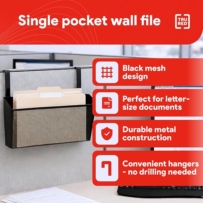 TRU RED Mesh Letter Wall File, 1‑Pocket, Black – Wall‑Mounted File Organizer for Mail, Documents & Quick‑Access Storage
