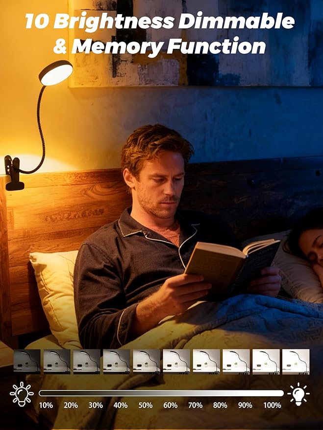 Clip on Light,10 RGB Colors&10 Brightness Clip on Lamp,500LM Bright Reading Light for Bed,Clip on Desk Lamp Reading Lamp with USB Adapte for Bed/Headboard/Bedside/Desk/Puzzle/Craft