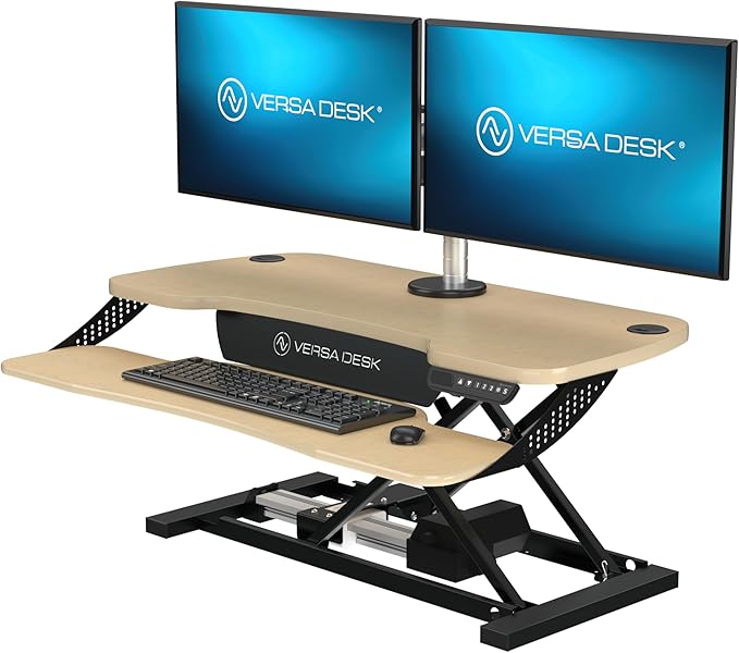 VERSADESK® PowerPro™ Elite 36” x 24" – App Controlled Electric Standing Desk Converter w/USB Charging Port. Raises up to 20”. Fully Assembled – Includes LED Lights. Supports 80 lbs. – Maple