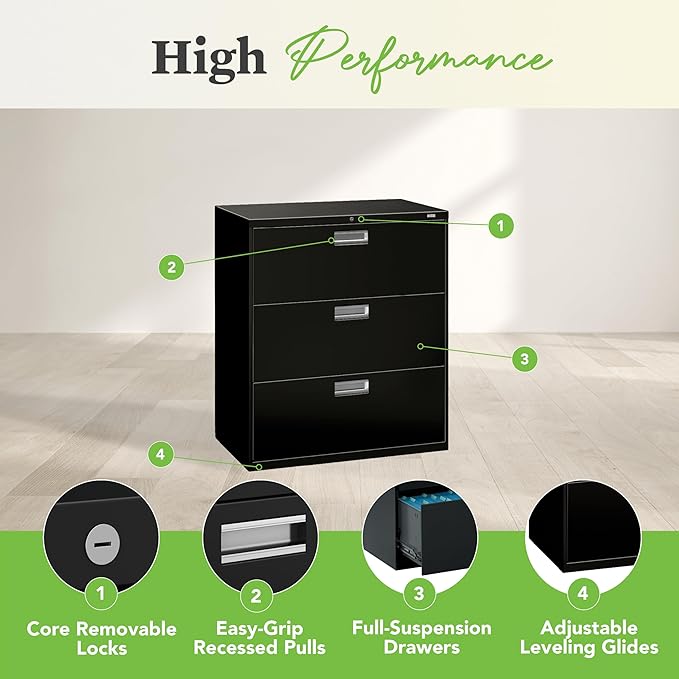 HON 3 Drawer Lateral File Cabinet with Lock, Metal Filing Cabinets for Offices, Adjustable Hangrails for A4, Legal, Letter Files, 18" Deep, Black
