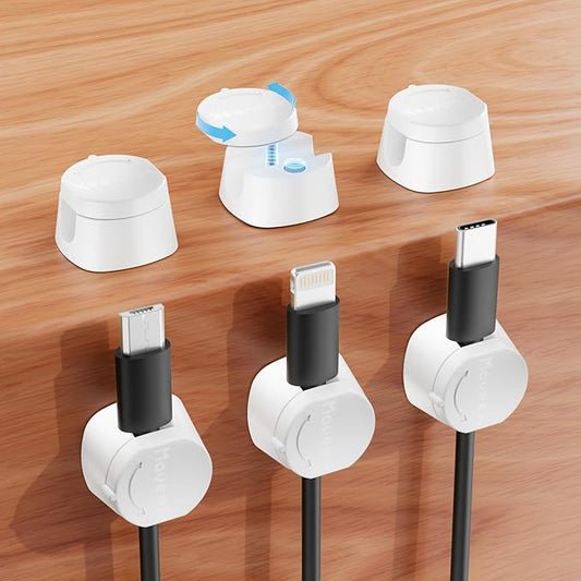 Kanemc Cable Clips Cord Holder for Desk, 360° Spin Magnetic Wire Organizer Self Adhesive Cord Management for Office Desks Cars Home Kitchen Electronic Accessory (White, 6 PCS)