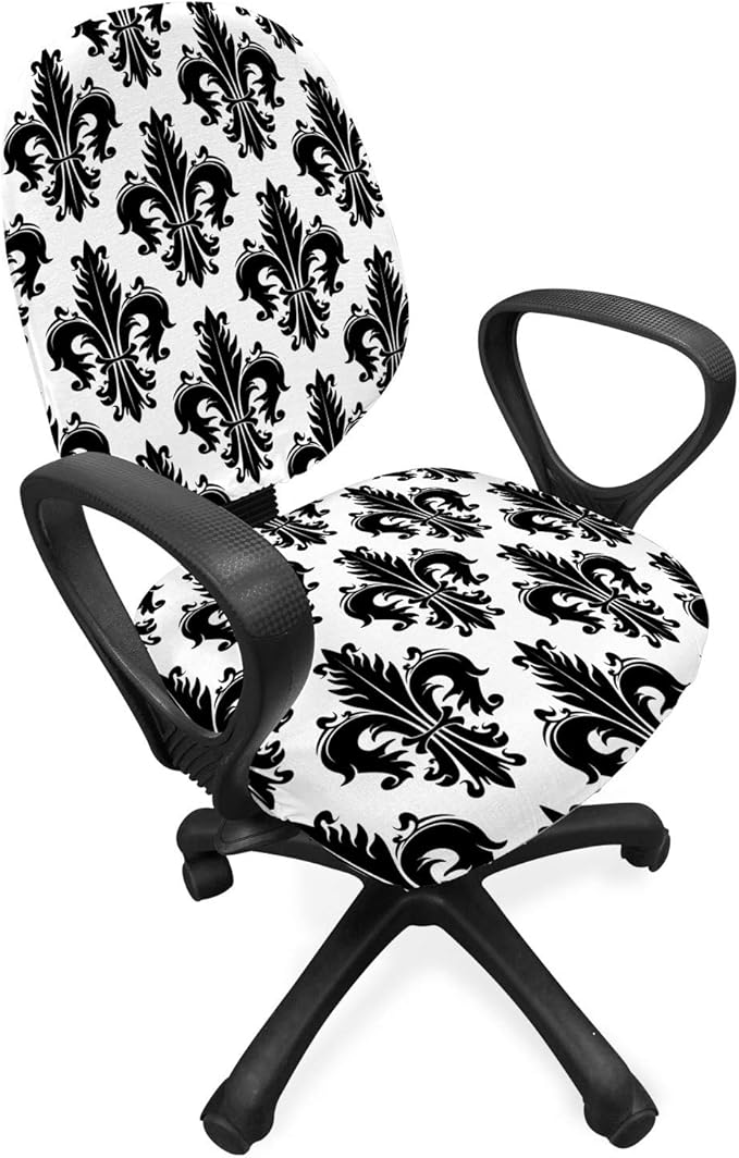 Ambesonne Fleur De Lis Office Chair Slipcover, Monochrome Royal Lily Pattern Victorian Inspiration Ornamental Vintage Design, Protective Stretch Decorative Fabric Cover, Standard Size, Black White