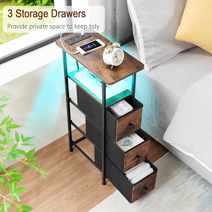 LOAKEKEL Narrow End Table Living Room with Charging Station, Skinny Side Table with Fabric Drawers, Slim LED Nightstand for Bedroom, Small Spaces, Couch, Brown, HETNDP03LBR-1