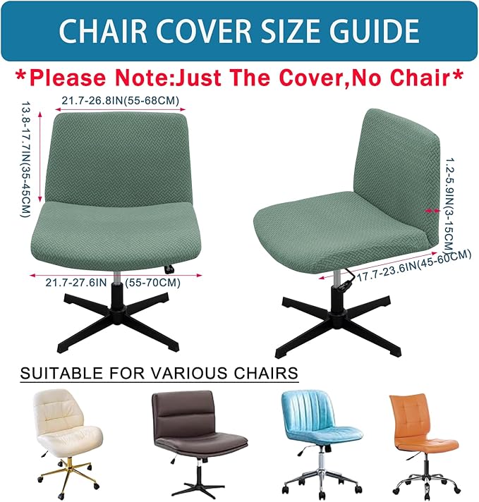 Vanity Chair Cover Criss Cross Chair Cover Waterproof and Elastic Armless Chair Slipcover Armless Chair Covers Office Chair Covers (Green,Just The Cover,No Chair)