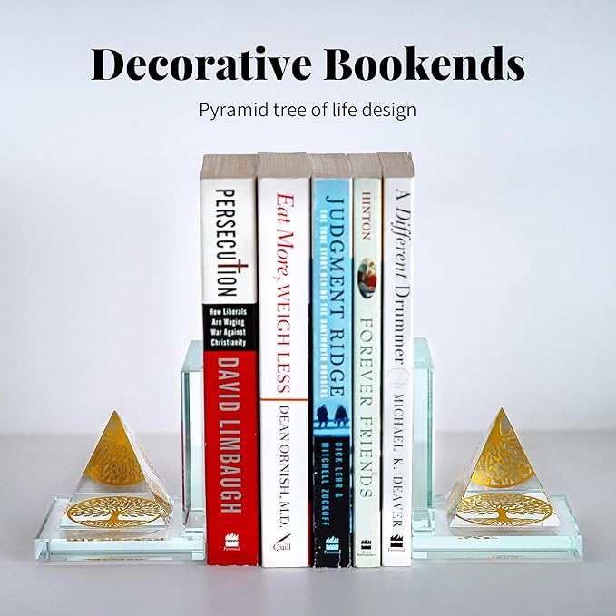 Crystal Bookends for Shelves 1 Pair, Glass Decorative Book Ends for Heavy Books, Non-Skid Book Stopper for Home Office School Supplies