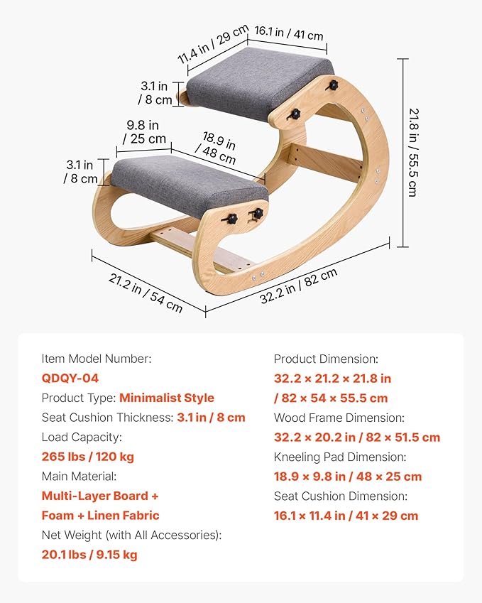 VEVOR Ergonomic Kneeling Chair, Wooden Posture Knee Chair with Adjustable Thick Foam Cushions & Solid Wood Frame, Adjustable Height, Relief for Neck or Back Pain for Home, Office or Meditation, Gray