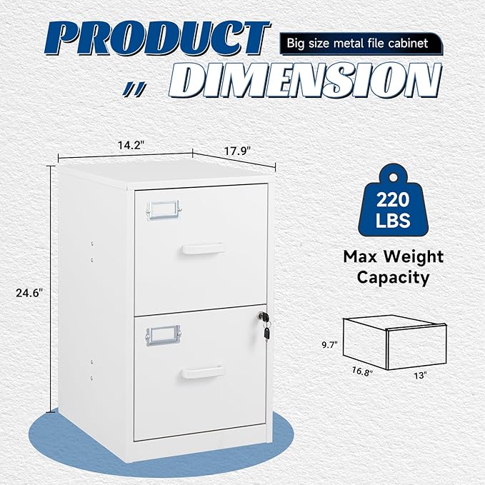 Fesbos 2 Drawers File Cabinet White Metal Vertical Filing Cabinets Metal Lockable Storage Cabinets with Lock for Home Office to Hanging Files