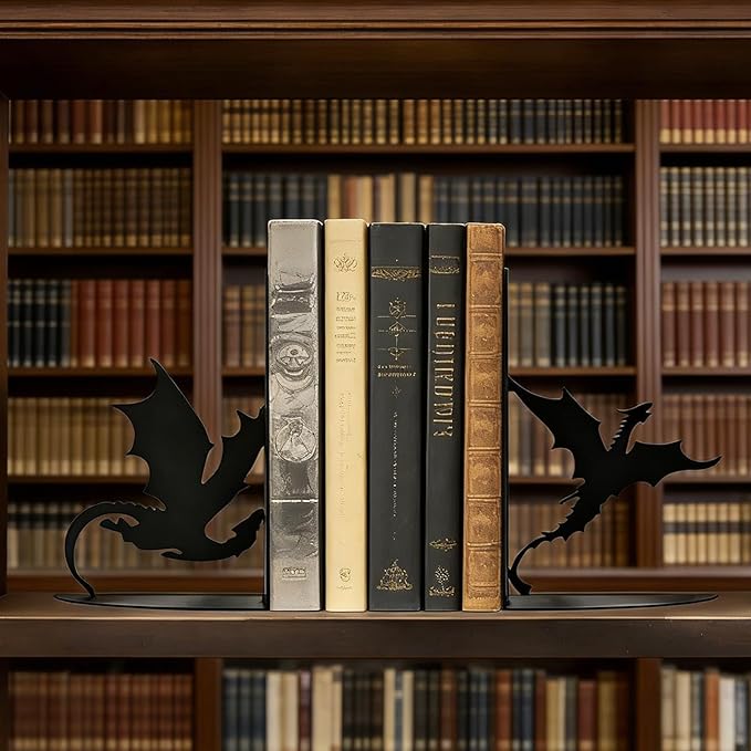 Dragon Metal Bookends for Shelves, Gothic Black Metal Decorative Book Ends, Heavy Duty Rustproof Book Stoppers for Home Office & Study Desk, Ideal Gift for Dragon Lovers & Book Lovers