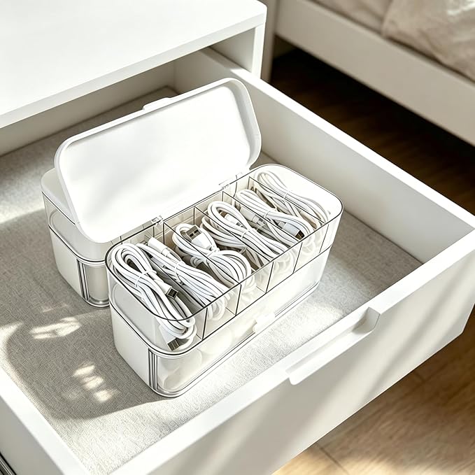 Cord Organizer Box with Lid, Stackable Cable & Charger Organizer, Clear Cable Management Box with 6 Compartment for Office, Desk, Drawer