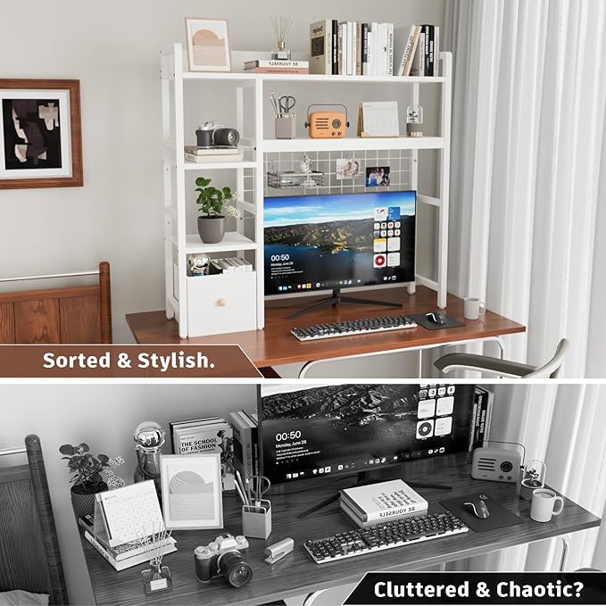 Desk Hutch for Computer Monitor,Desktop Bookshelf Organizer,4 Tier Desk Hutch with Grid Panel,38.6" Desk Shelf Storage Rack for Home Office,Study,Dorm,White