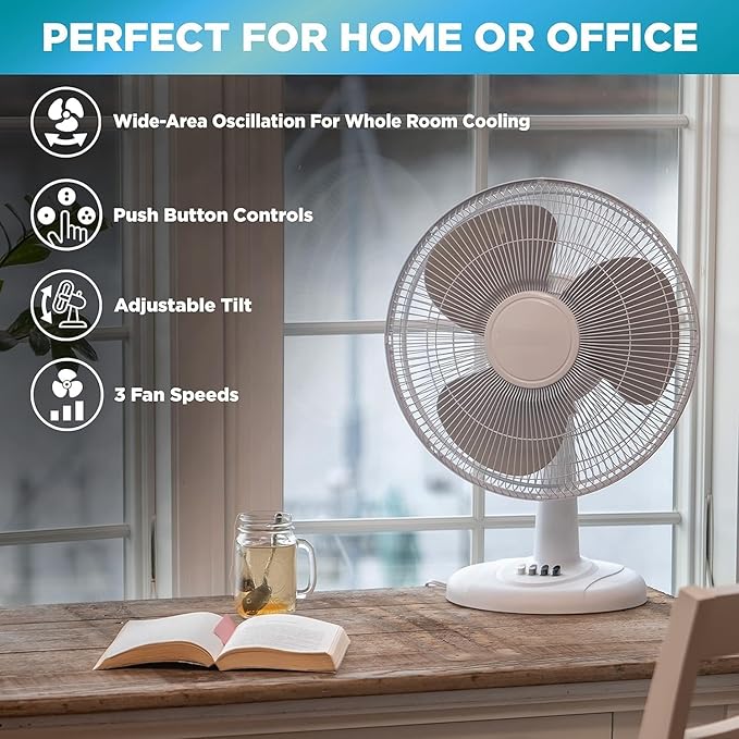 EZ-CHILL 16” Oscillating Table Fan with Adjustable Tilt, Convenient Push Button Controls, Quiet, 3 Speed, Desk Fan, Airflow 15.75 ft/sec, Ideal for Home, Bedroom, Dorm & Office, MTFD-16-BLK