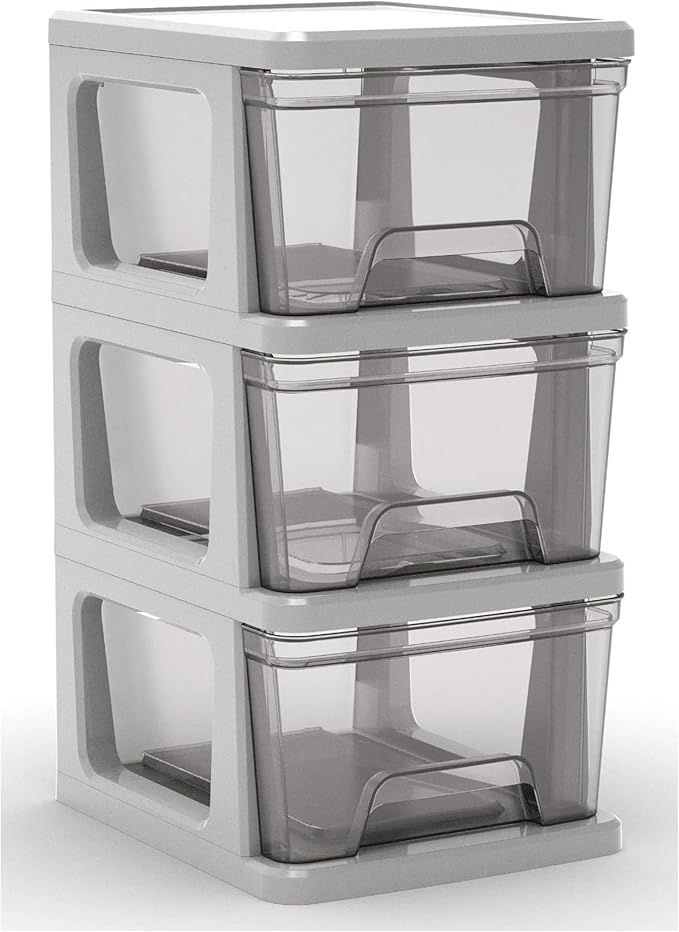 Plastic Drawer Wide Tower Plastic Storage Cart with Clear Pull Out Drawers, Silver (3 Drawer Wide Tower)