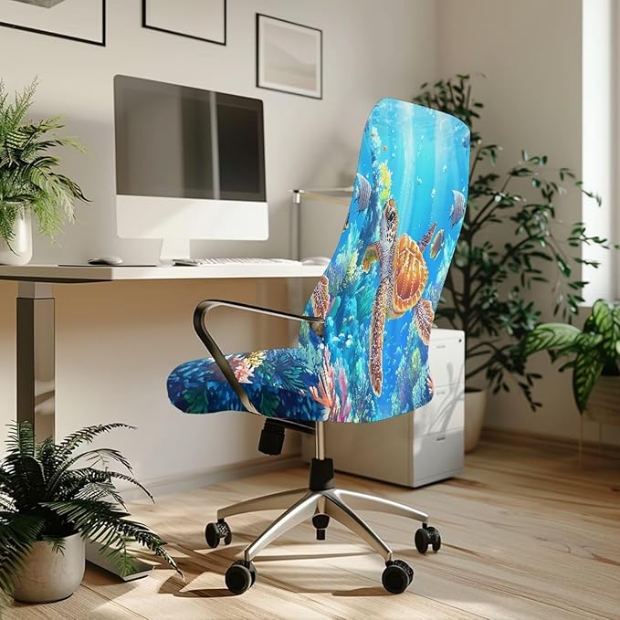 Talayituse Turtle Fish Water Plants Print Office Chair Covers, Stretch Computer Chair Cover, Universal Boss Chair Covers Modern Simplism Style High Back Chair Slipcover, Large