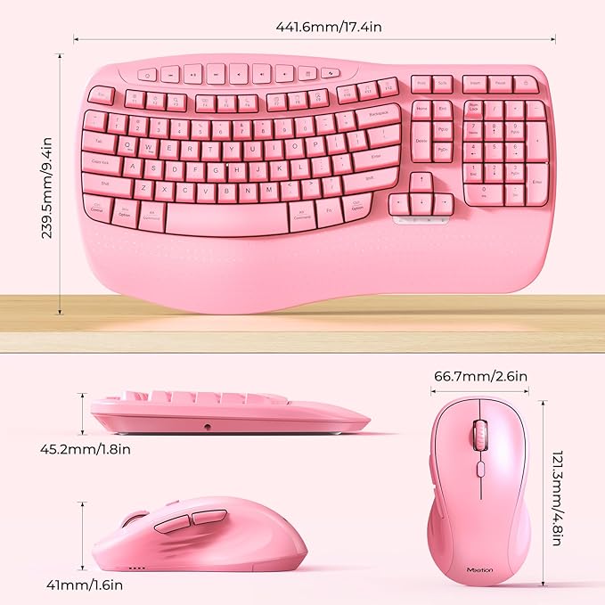 MEETION Ergonomic Keyboard and Mouse Wireless, Wave Keys Natural Typing, 2.4G Wireless Keyboard with Wrist Rest, 4 Adjustable DPIs Mouse, Computer/Laptop/Windows/Mac, Pink