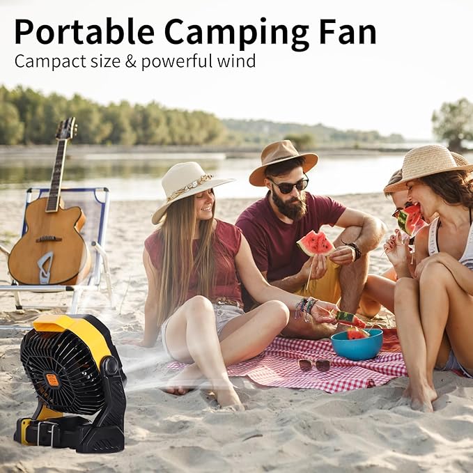 WESTTREE 20000mAh Camping Fan with LED Lantern USB Tpye C Rechargeable Battery Operated Outdoor Tent Fan with Light & Hook, 270° Pivot 4 Speeds, Personal USB Desk Fan for Camping Yellow X26A