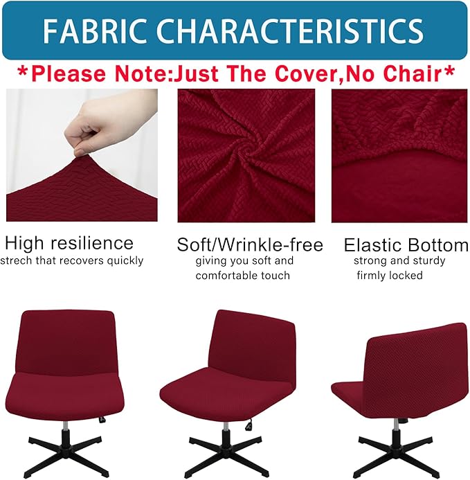 Vanity Chair Cover Criss Cross Chair Cover Elastic Armless Chair Slipcover Armless Chair Covers Office Chair Covers (Wine Red,Just The Cover,No Chair)