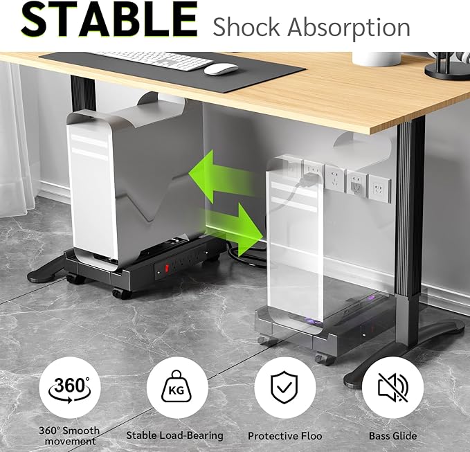 Adjustable CPU Holder with Charging Station and Cooling Fan with RGB Light,Mobile CPU Holder with 4 Rolling Casters, Under Desk CPU Bracket PC Floor Cart PC Riser for Office, Home (Socket with Fan)