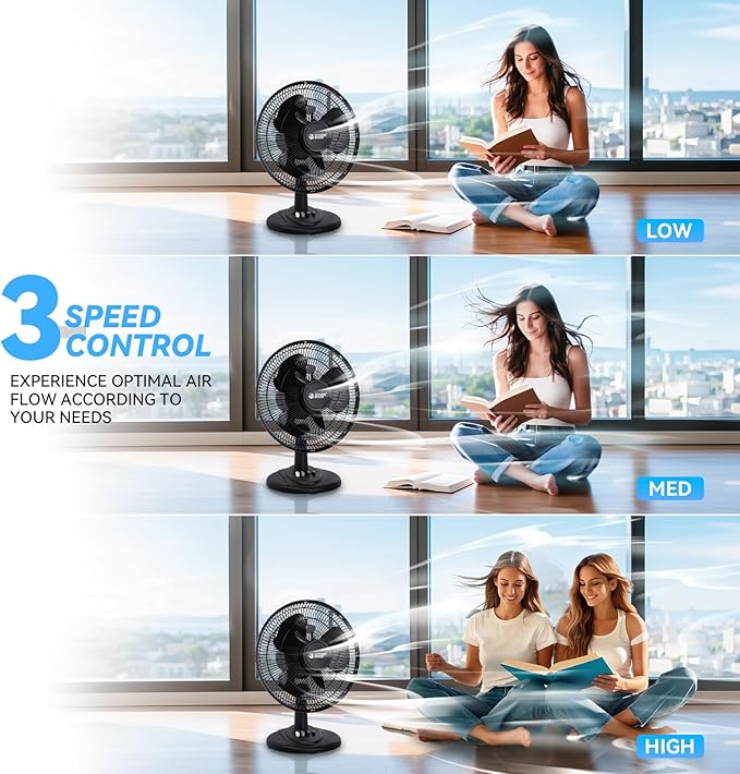 BEYOND BREEZE Oscillating Table Fan Quiet 3-Speed 12-Inch Adjustable Tilt Fan with Safety Grill, Ideal for Home, Office, Dorm, Black