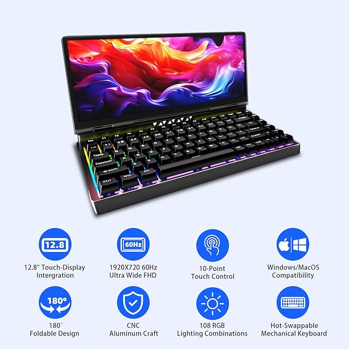 12.8" Portable Monitor Touchscreen with Mechanical Keyboard Stretched Bar Screen Extender RGB Backlit Hot-Swap USB-A Type-C Monitor for Laptop Desktop Mini PC MacBook (Driver Need)