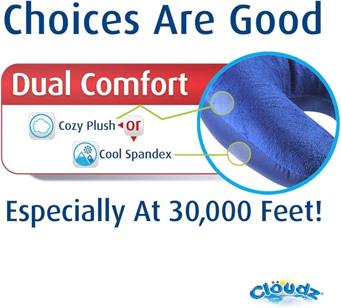 Cloudz Dual Comfort Microbead Airplane Travel Neck Pillow. Super Soft Cozy Plush Fabric on One Side, Cool Relaxing Spandex on The Other! Customize Your Comfort and Support at Home or On The Go! Grey