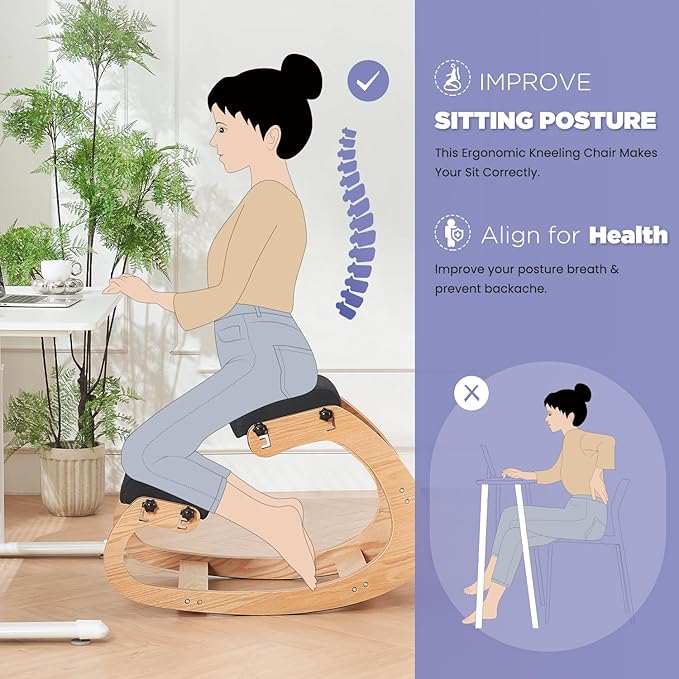 Ergonomic Kneeling Chair,Adjustable Rocking Knee Chair for Home Office,Wooden Office Chair for Back Pain Relief, Black